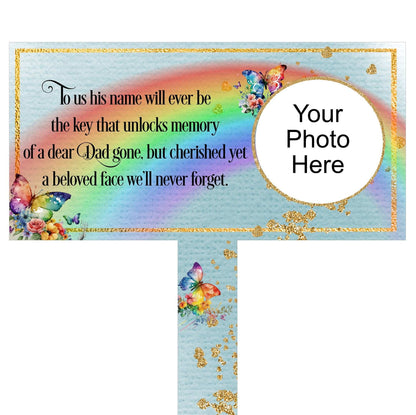 Blue butterfly and rainbow graveside memorial marker for someone deeply missed