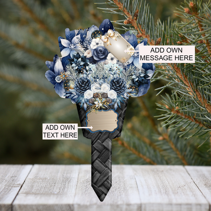 Blue Christmas memorial flower grave marker with personalised wording