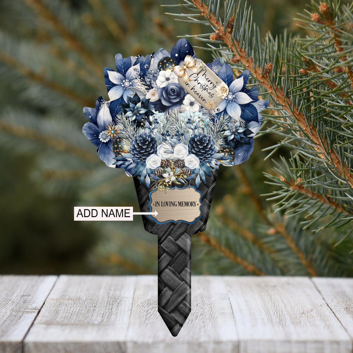 Blue Christmas memorial flower grave marker personalised with name