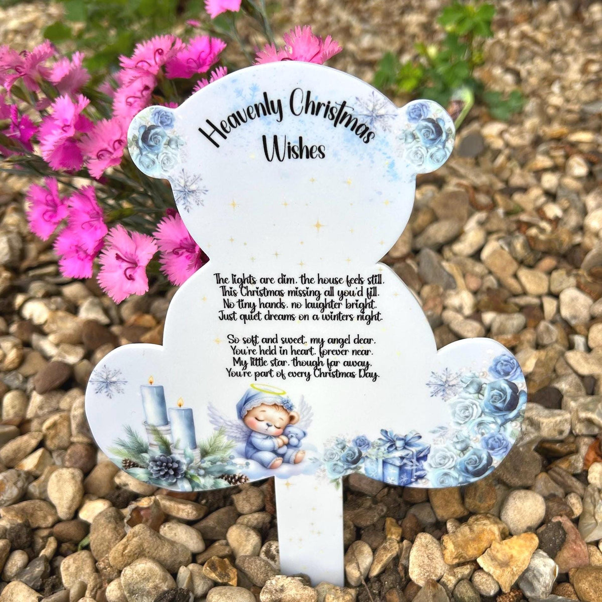 Blue Christmas teddy bear grave marker for baby and child remembrance
