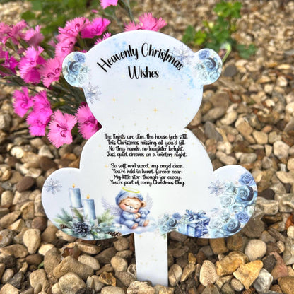 Blue Christmas teddy bear grave marker for baby and child remembrance