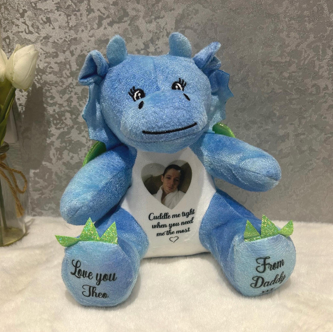 Blue dragon photo memory teddy personalised with memorial photograph and wording