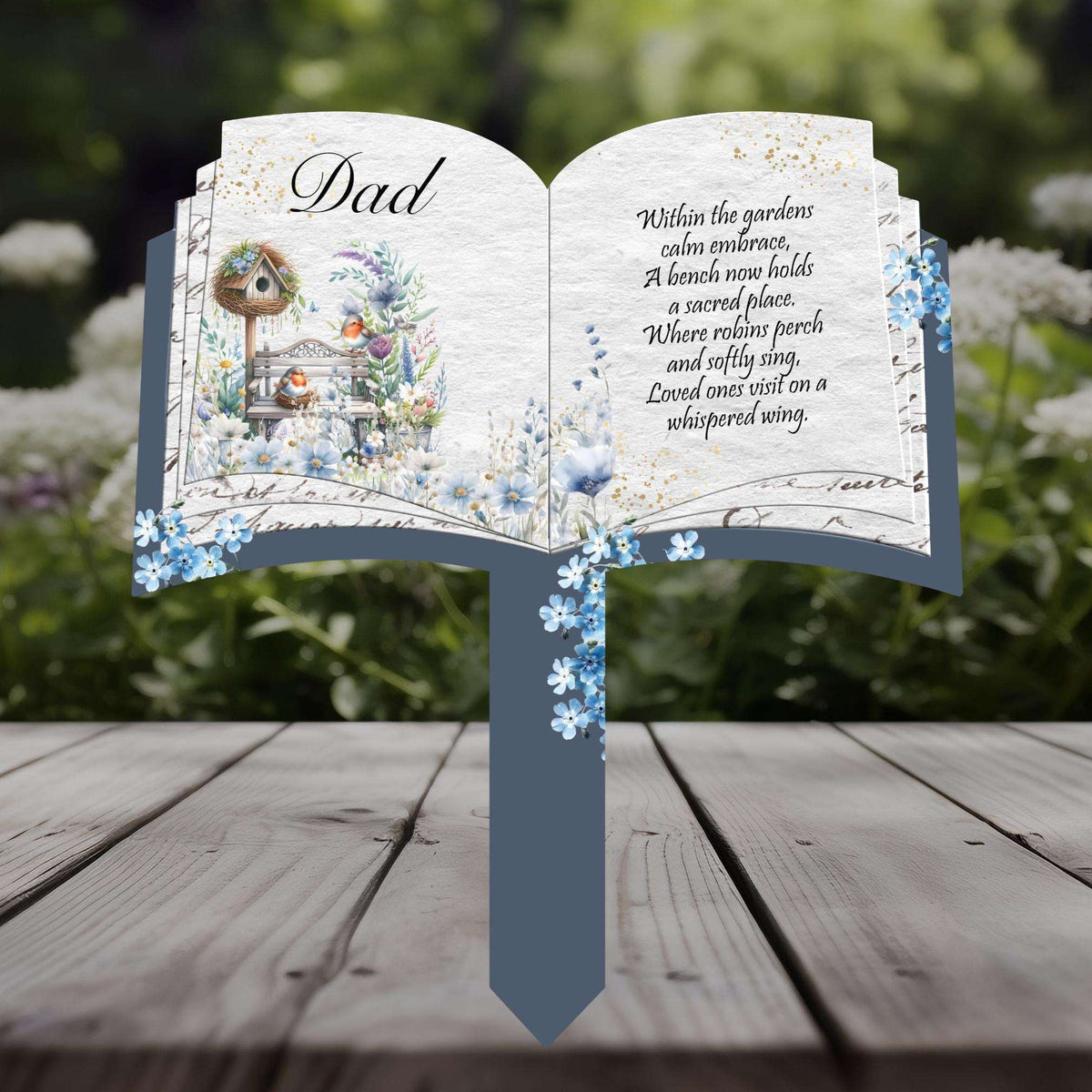 Blue floral robin open book memorial marker for someone deeply missed