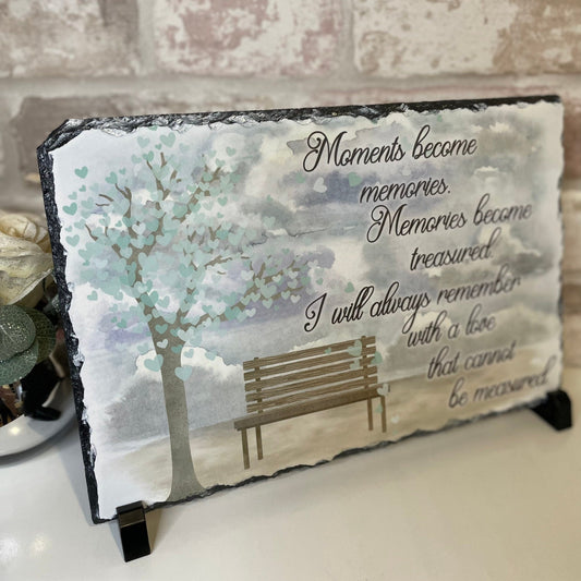 Blue and green memorial photo slate keepsake with remembrance wording