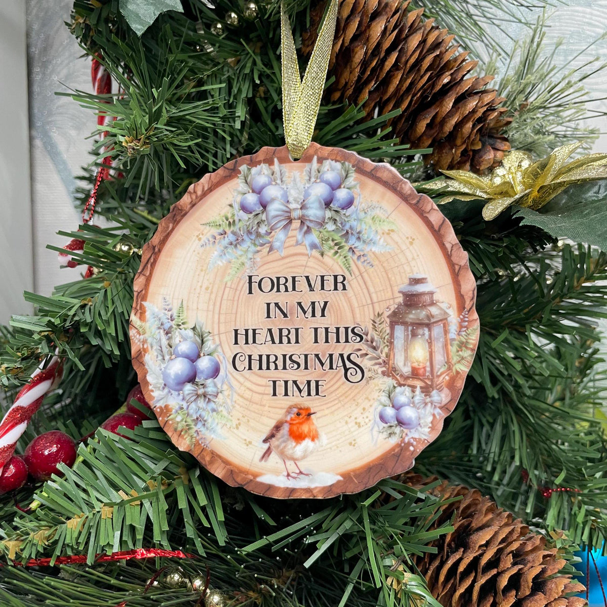 Blue lantern and robin Christmas memorial bauble