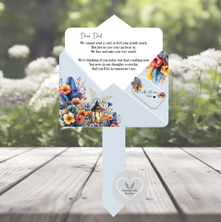 Personalised blue Letter to Heaven memorial grave marker with remembrance poem