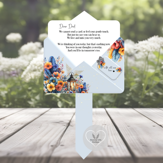 Personalised blue Letter to Heaven memorial grave marker with remembrance poem