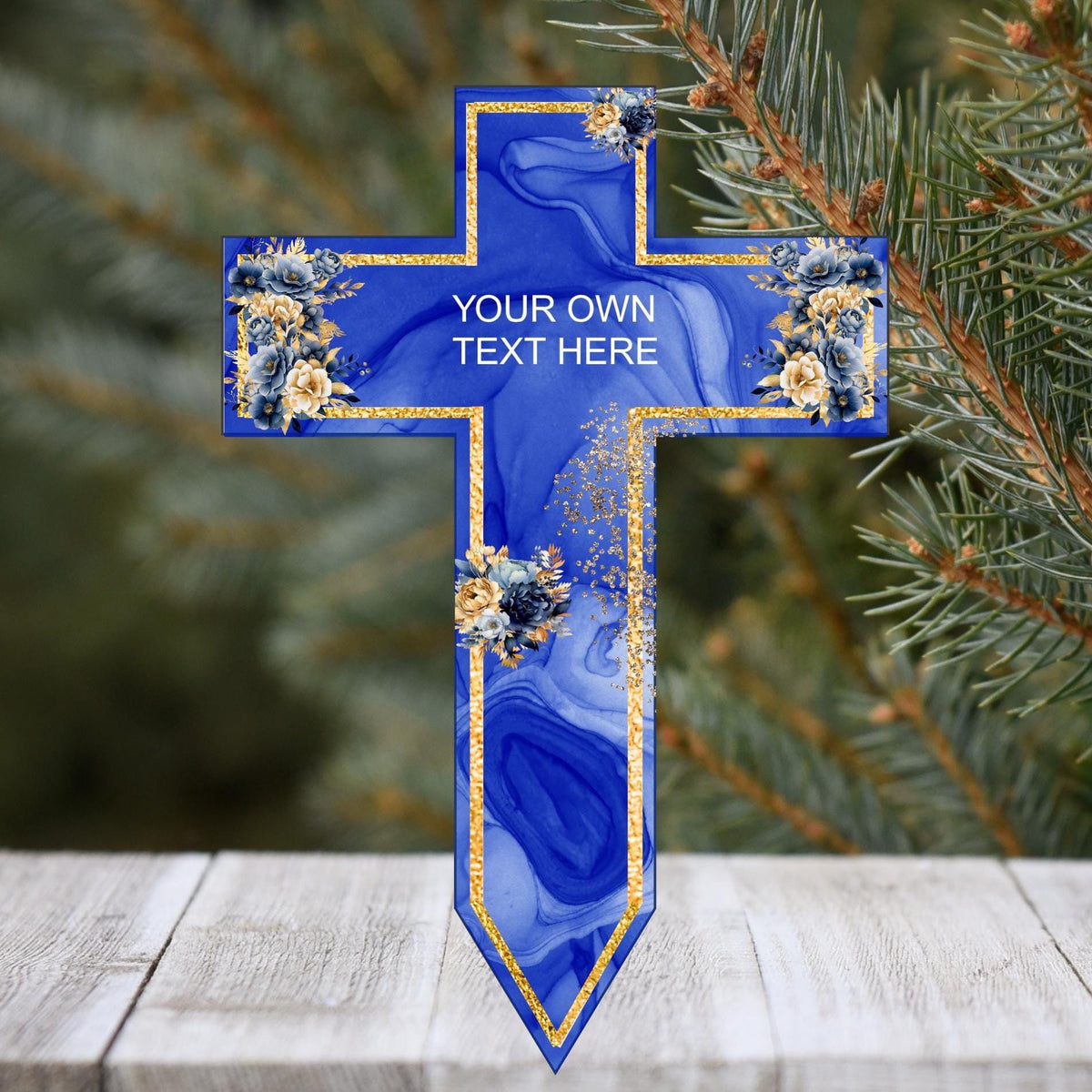 Blue personalised memorial cross grave marker with custom wording