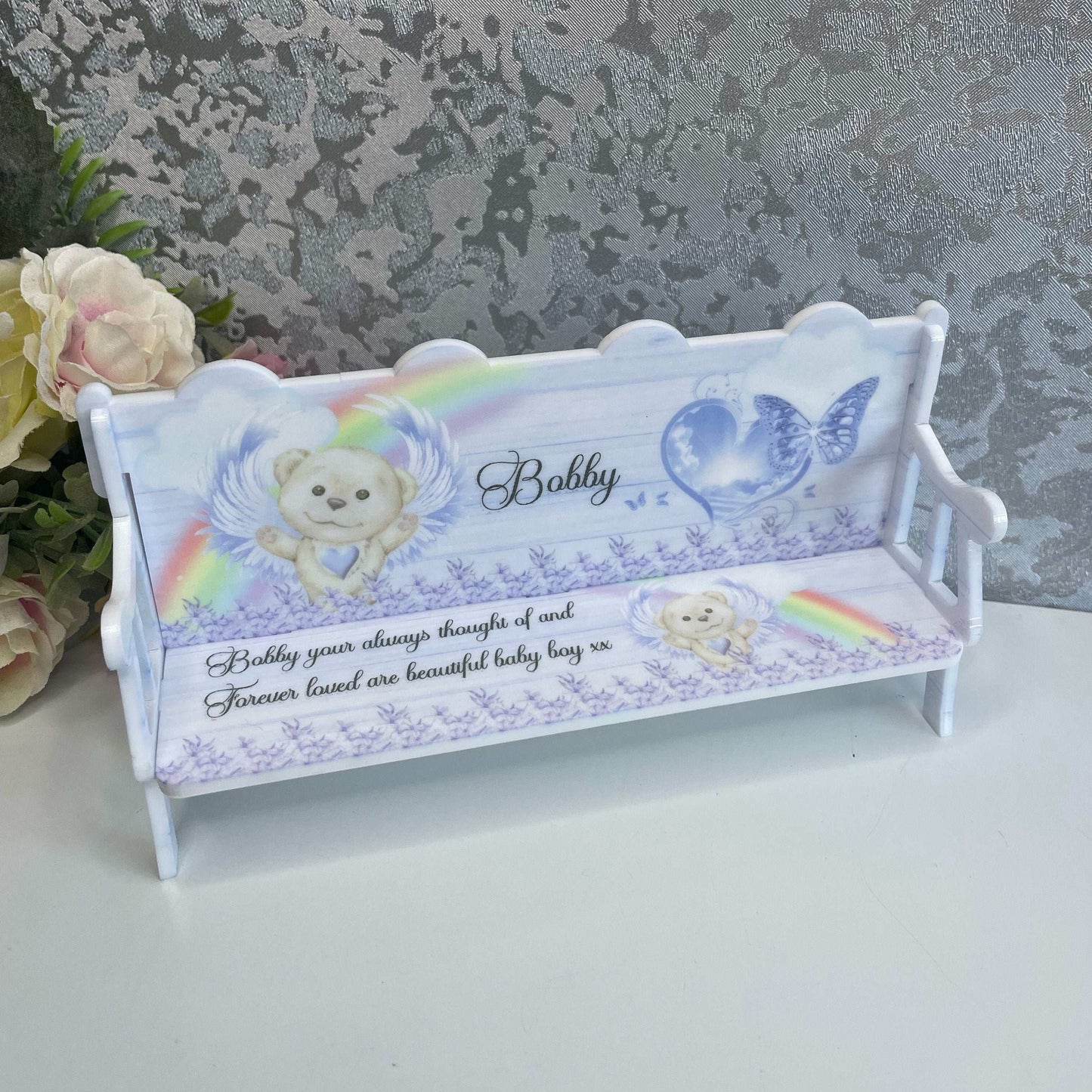 Blue teddy bear baby memorial bench keepsake with personalisation