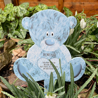 Blue teddy bear baby memorial grave marker personalised with name