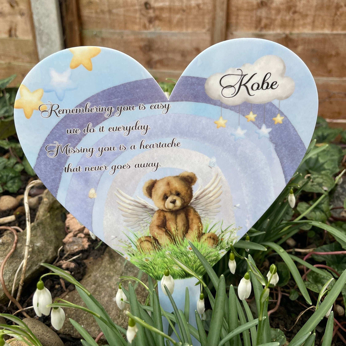 Blue teddy bear rainbow baby grave marker with personalised wording