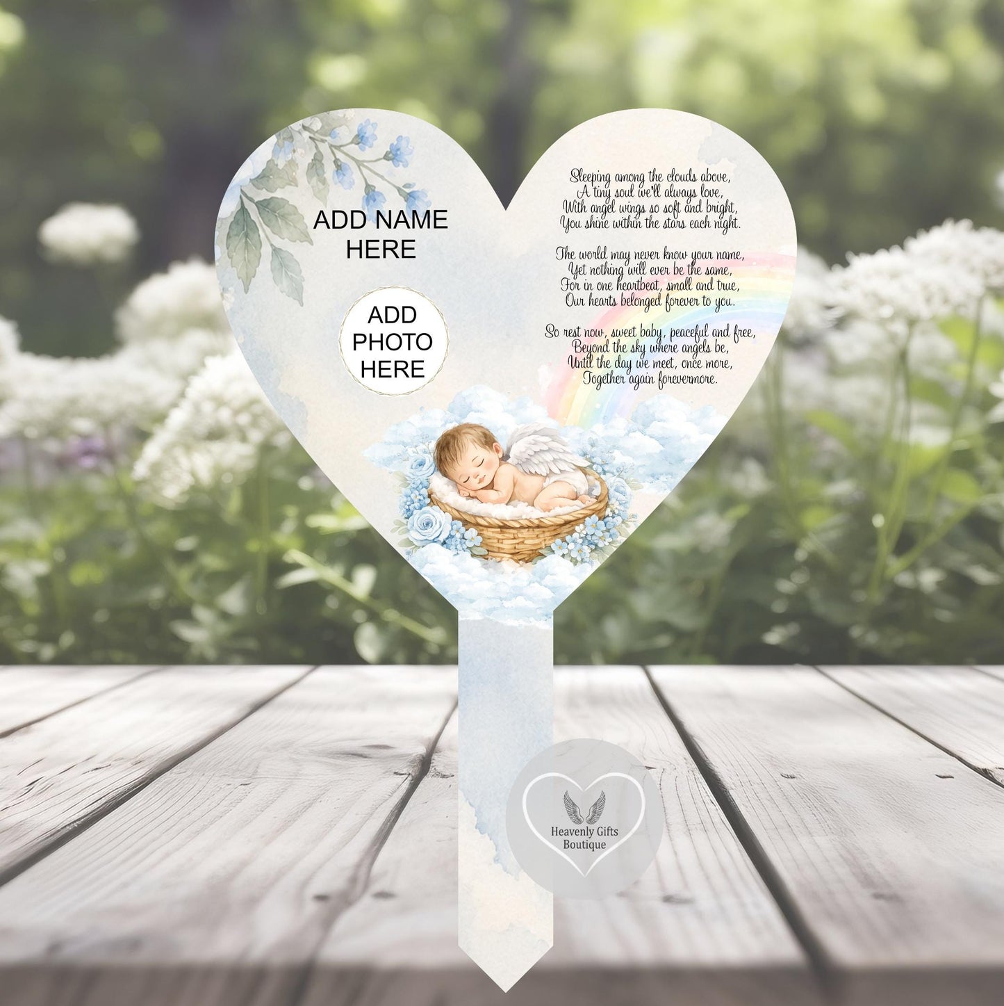 Blue personalised infant loss grave marker with name and remembrance poem