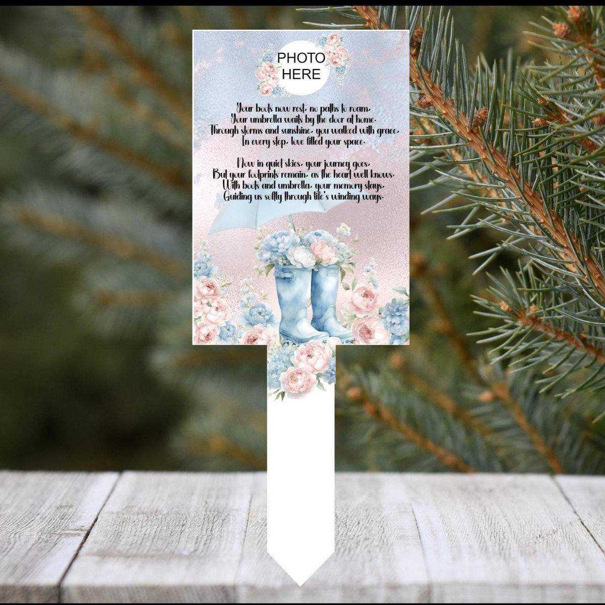 Boots and umbrella grave marker with personalised photo option