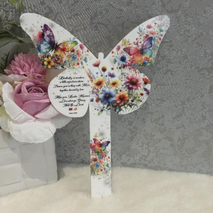 Butterflies Appear grave marker design with rainbow butterfly and wildflowers