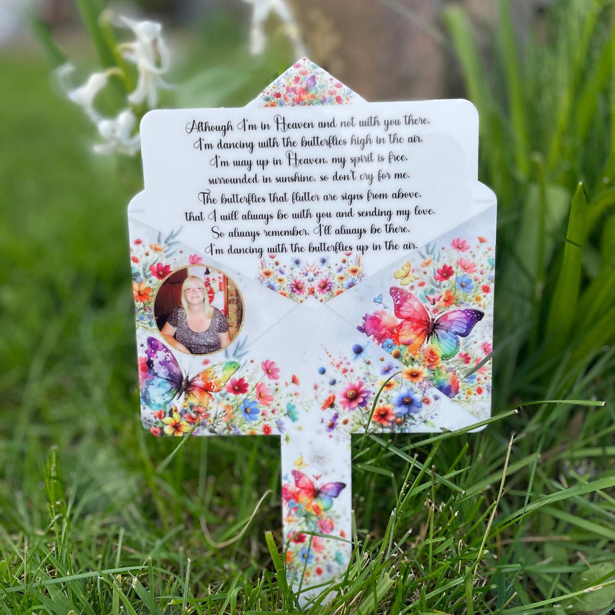 Butterfly Letter to Heaven grave marker with rainbow butterfly and wildflowers