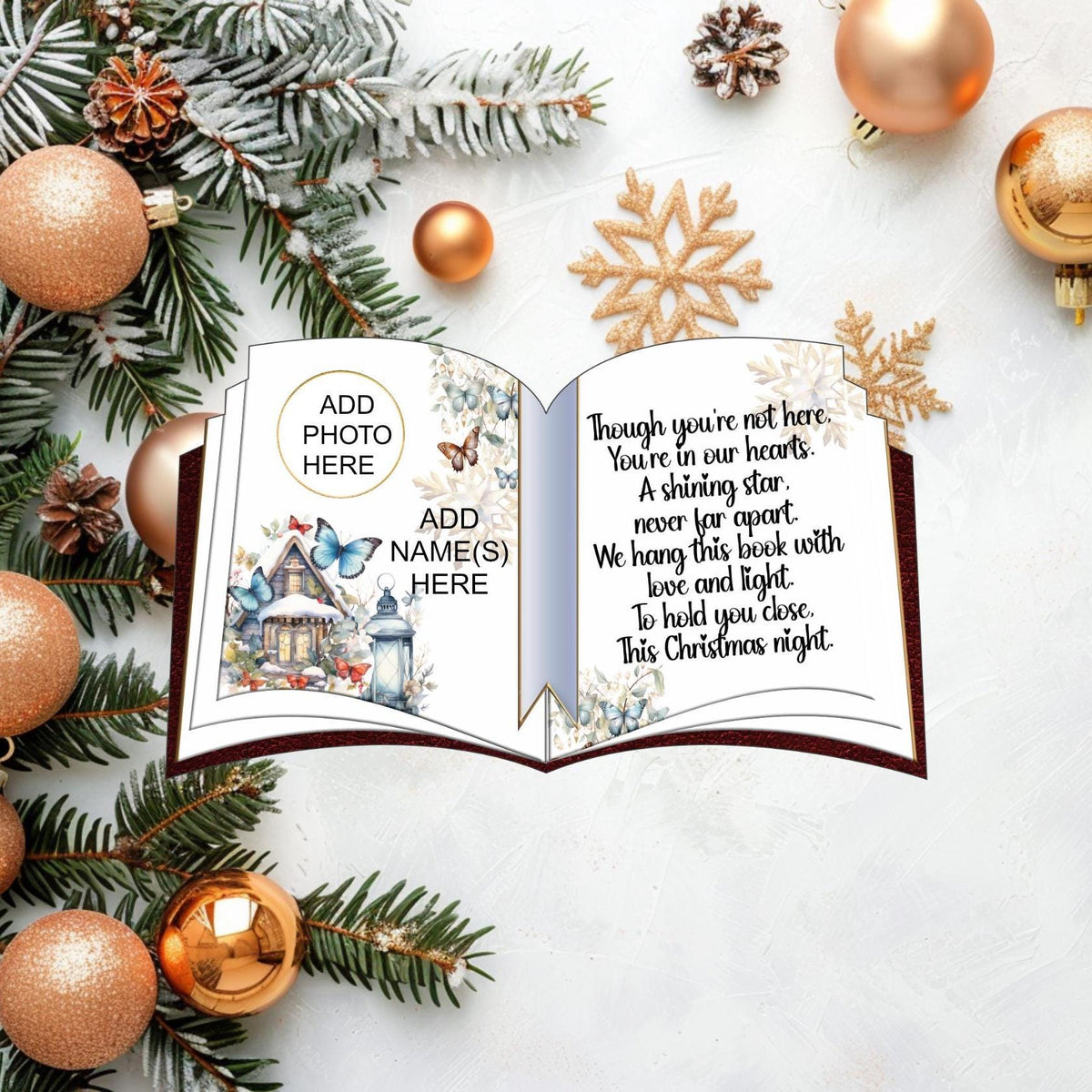 Butterfly Christmas memorial book decoration with photograph