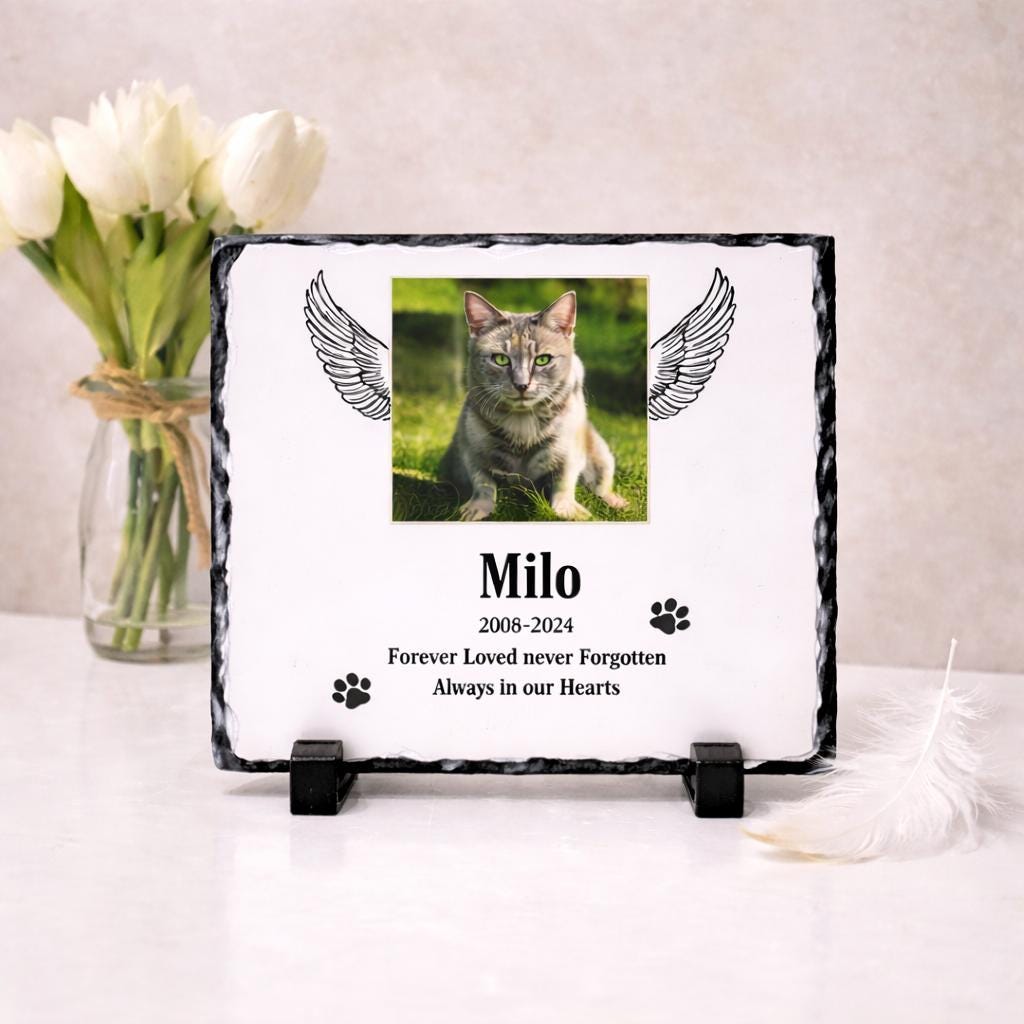 Personalised cat memorial photo slate displayed with white flowers and a feather