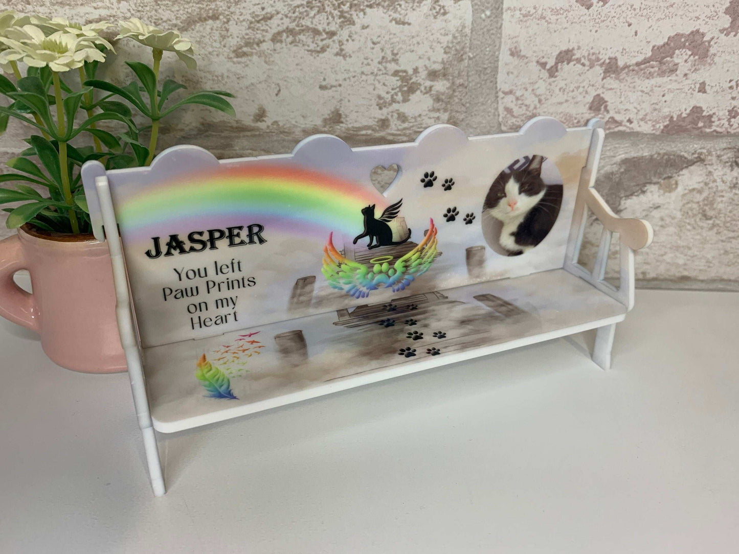 Cat pet memorial bench with rainbow design and personalised details