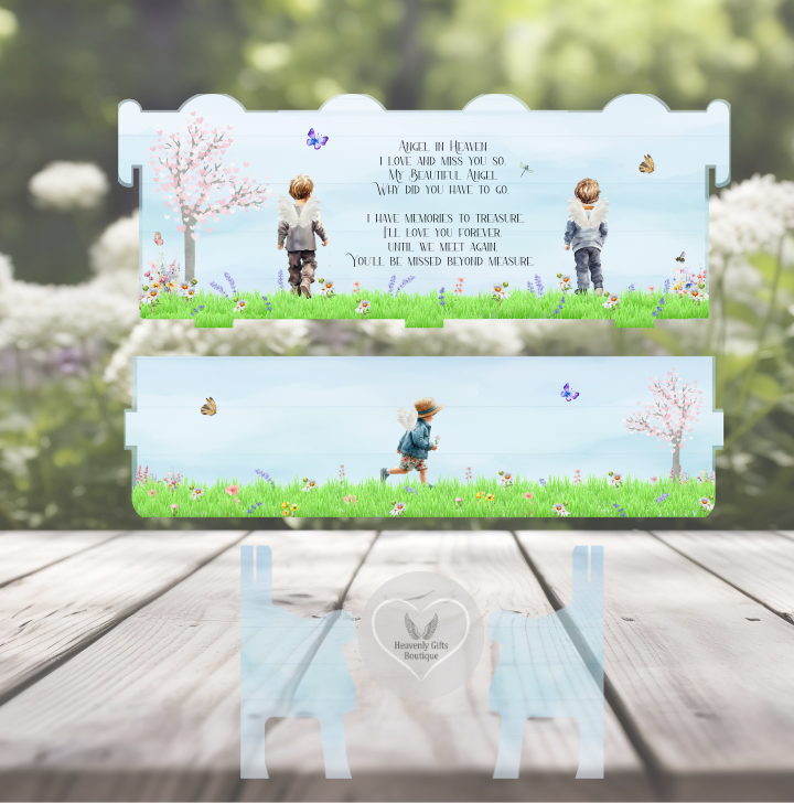 Personalised child angel memorial bench with remembrance poem and garden design