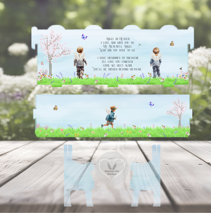 Personalised child angel memorial bench with remembrance poem and garden design