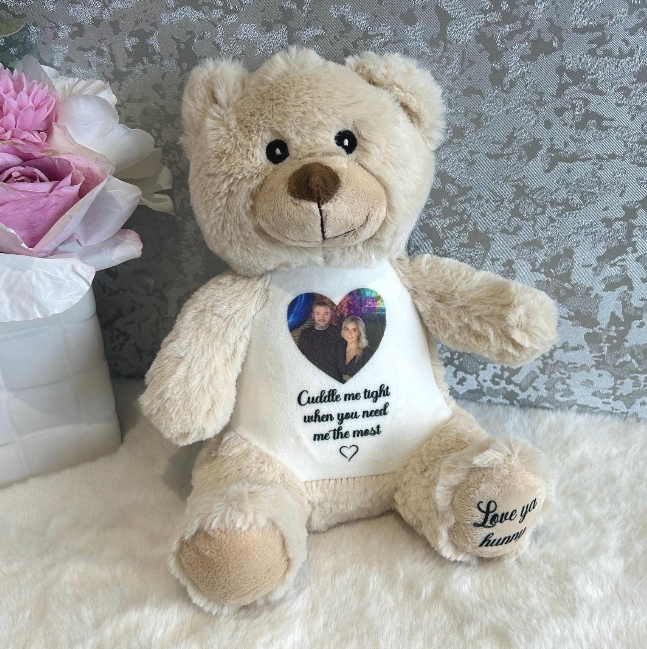 Childs memorial teddy bear personalised with photograph and wording