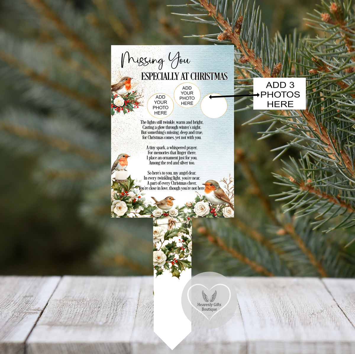 Christmas Card To Heaven marker with poem and three photos
