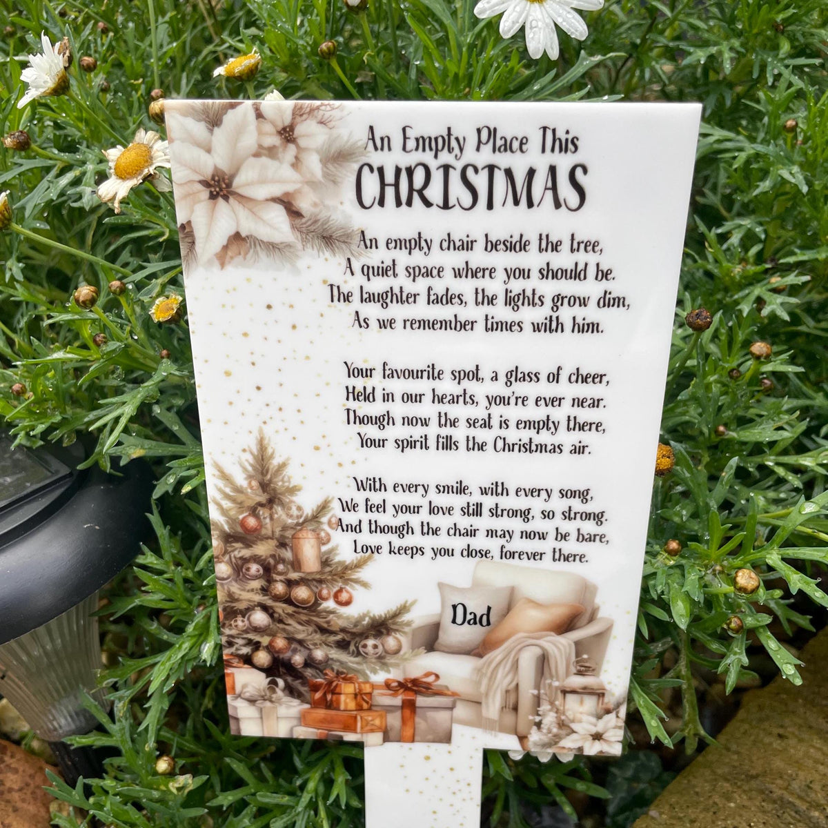 Christmas empty chair memorial grave marker for a loved one