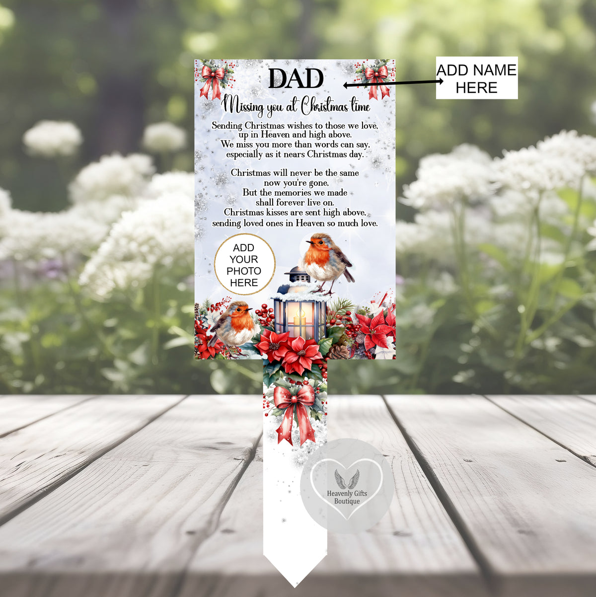 Christmas memorial grave marker with remembrance poem and one photo