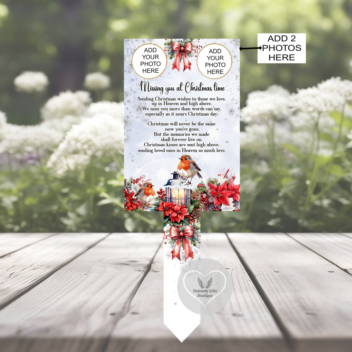 Christmas memorial grave marker with remembrance poem and two photos