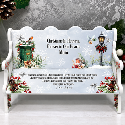 Christmas in Heaven memorial bench with green post box, robins and remembrance poem
