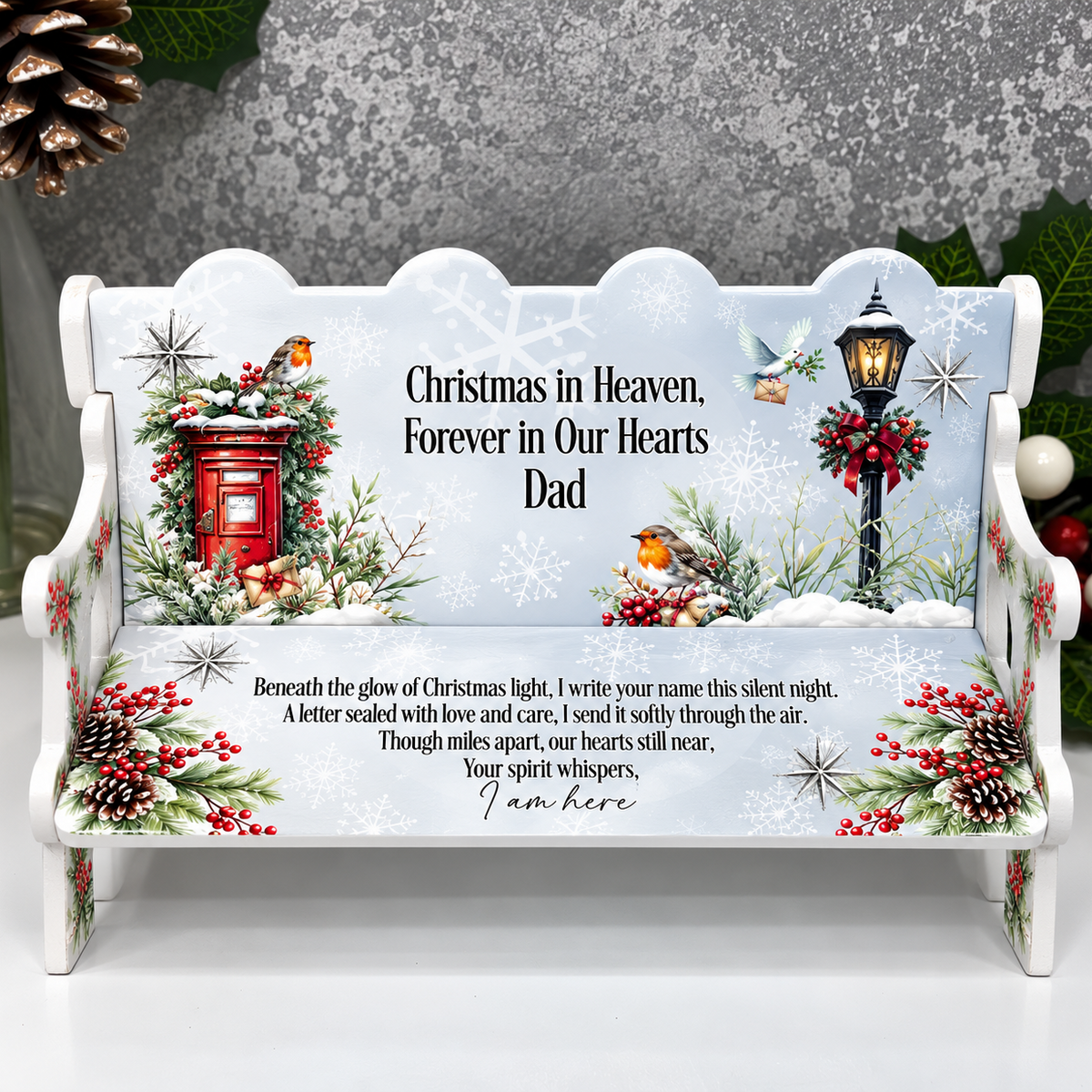 Christmas in Heaven memorial bench with red post box, robins and remembrance poem