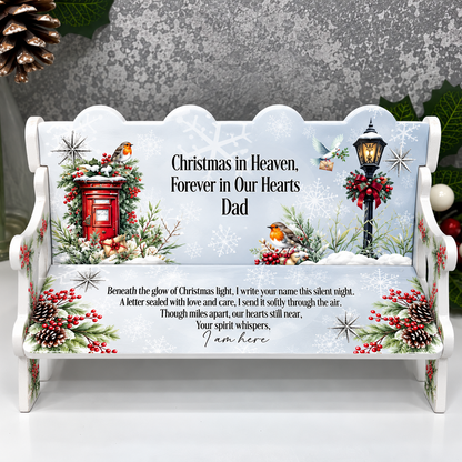 Christmas in Heaven memorial bench with red post box, robins and remembrance poem