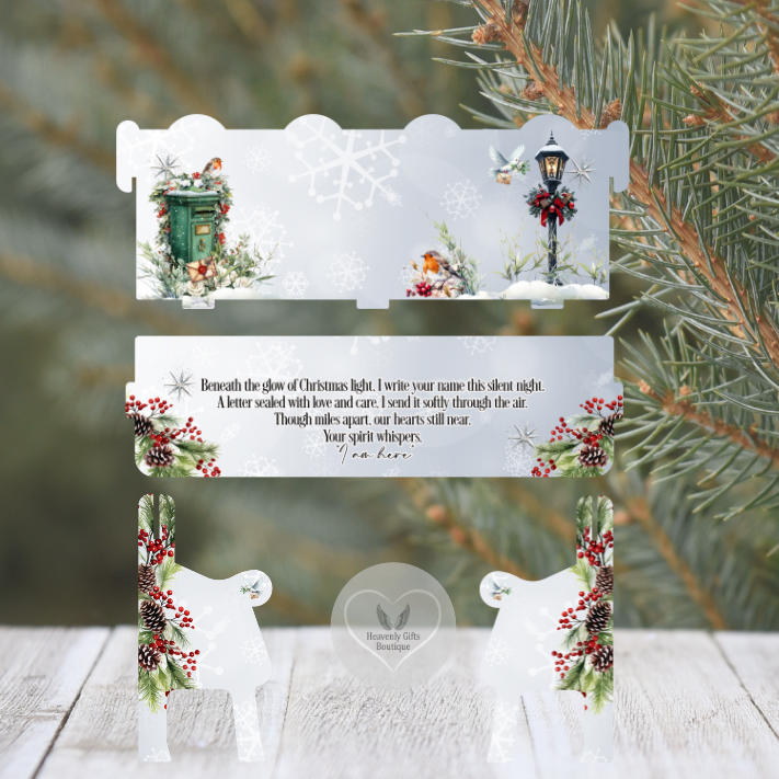 Christmas in Heaven remembrance bench with robins and heartfelt memorial wording