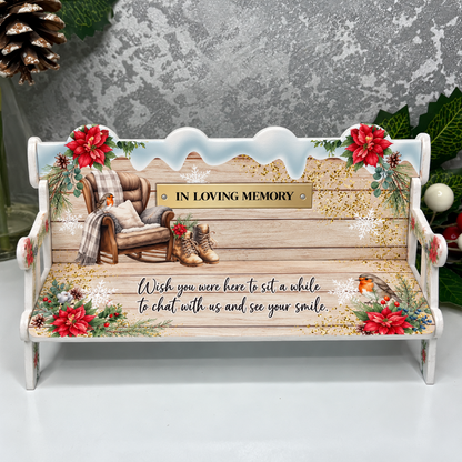 In Loving Memory Christmas robin memorial bench with festive poinsettia design
