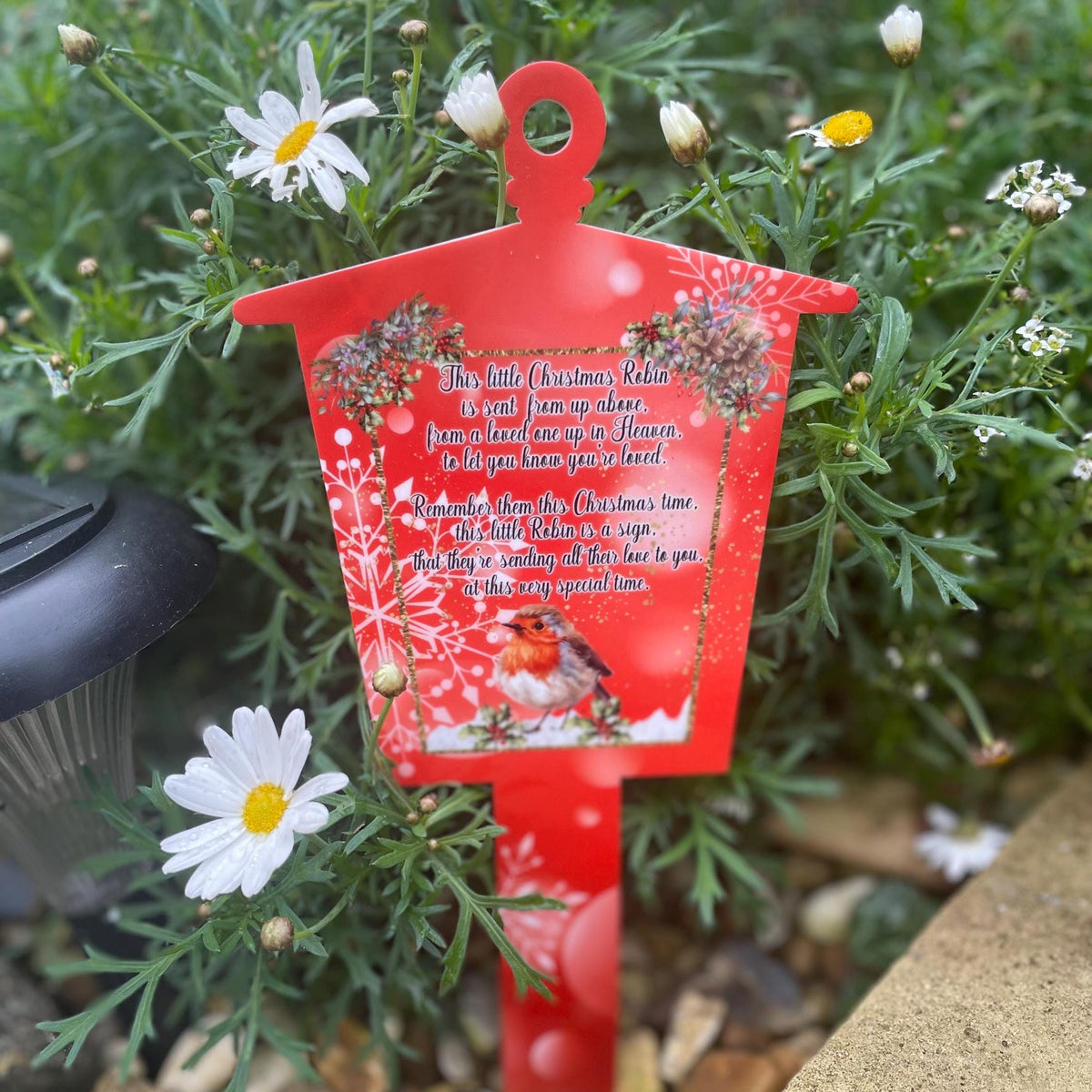 Christmas lantern grave marker with robin remembrance poem