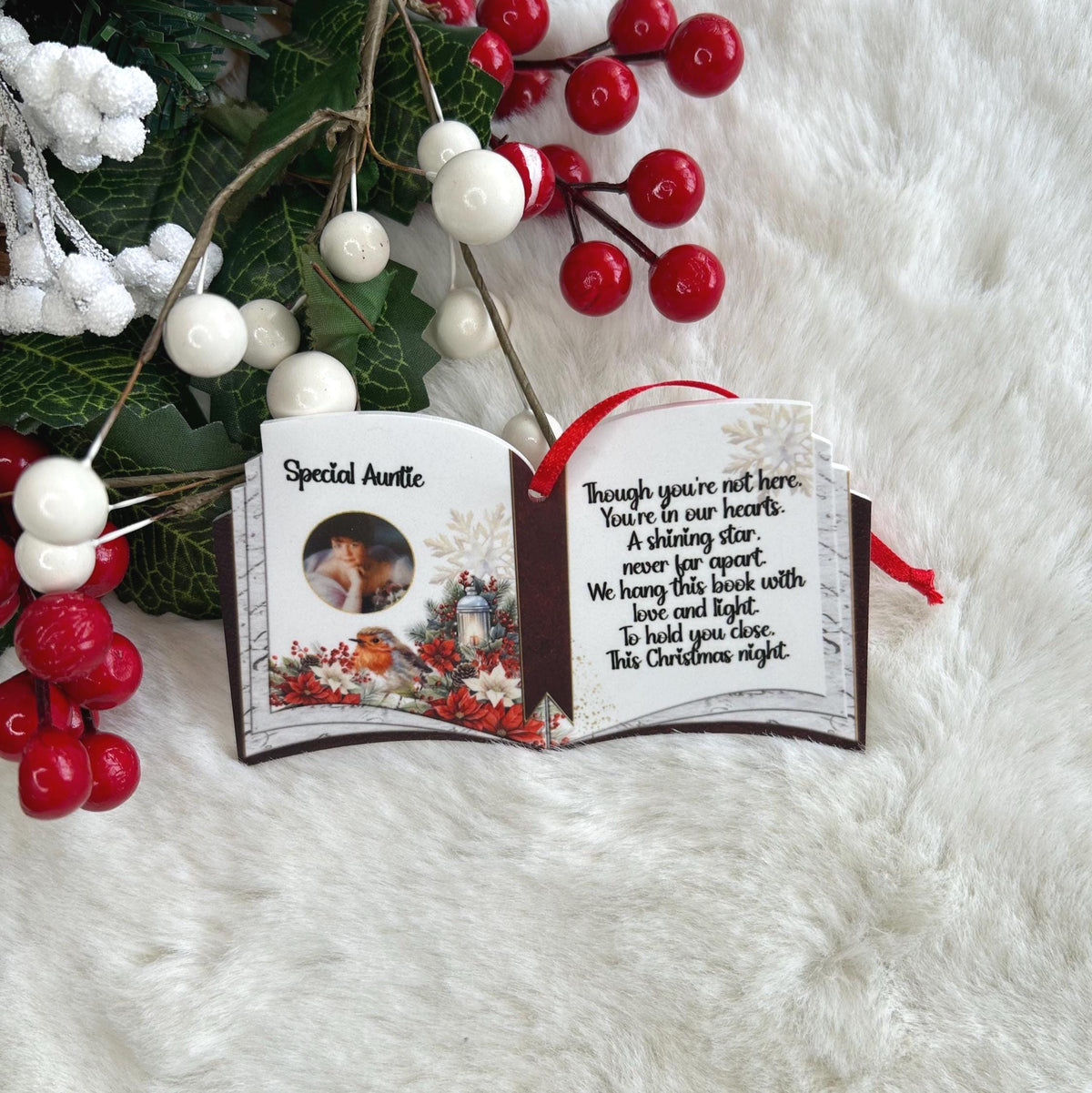Christmas open book memorial decoration with remembrance poem