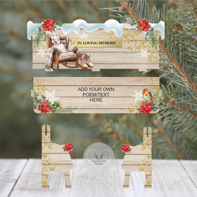 Christmas memorial keepsake bench with empty chair, robins and festive remembrance design