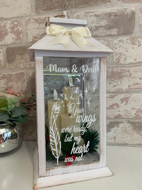 Christmas memorial lantern with wreath and bow, product photograph one