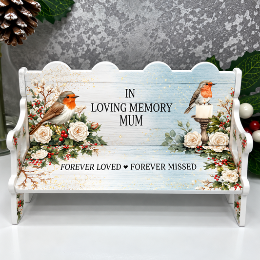 Christmas robin memorial bench with white roses and Forever Loved remembrance wording