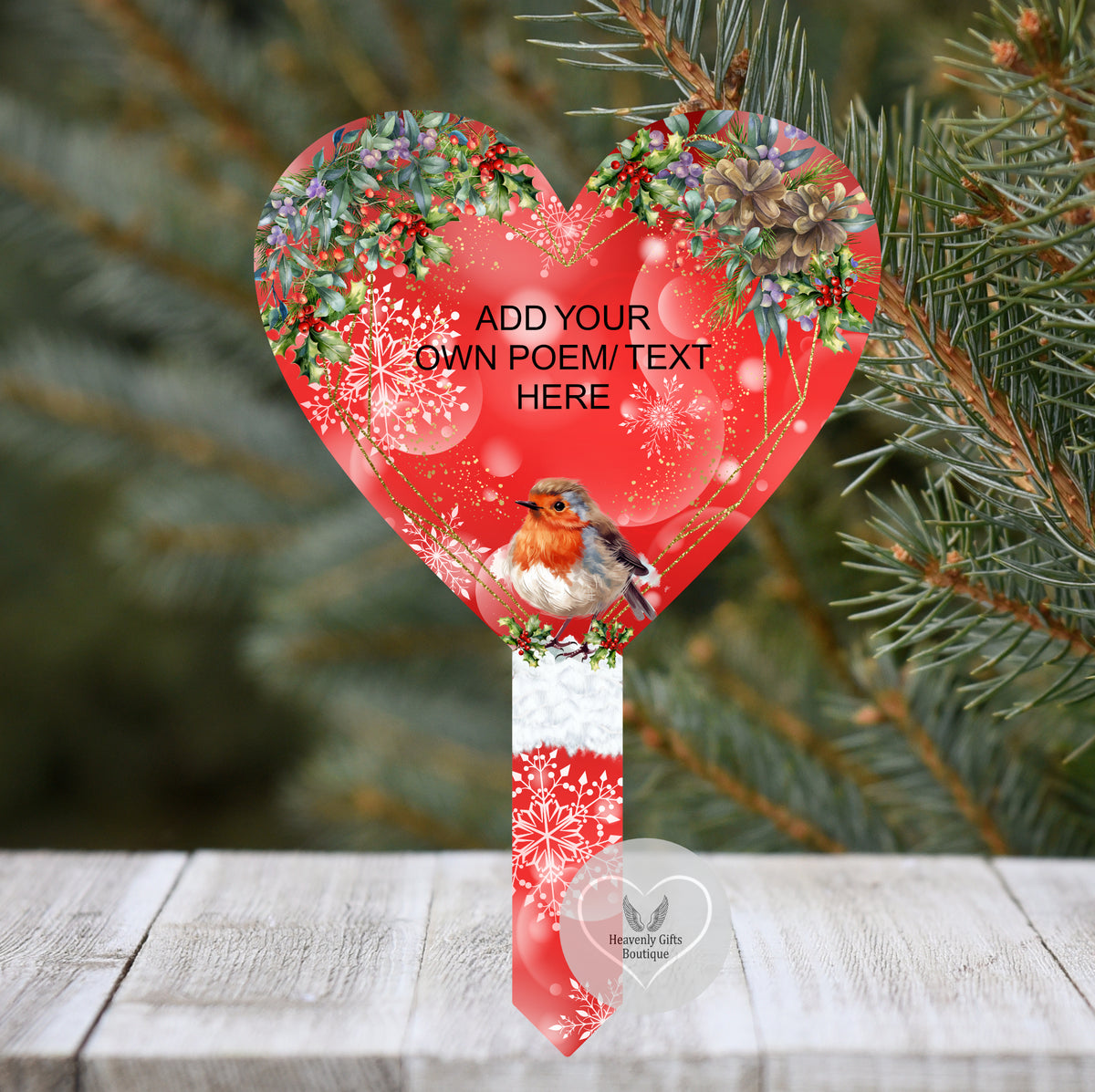 Christmas robin heart grave marker with your own wording