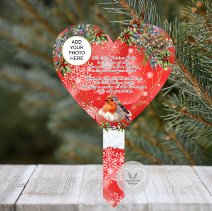 Christmas robin heart grave marker with remembrance poem and photo