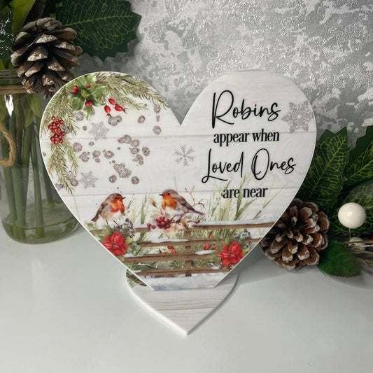Christmas robin heart memorial plaque with Robins Appear When Loved Ones Are Near wording