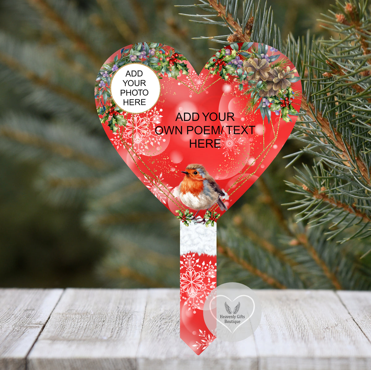 Christmas robin heart grave marker with own wording and photograph