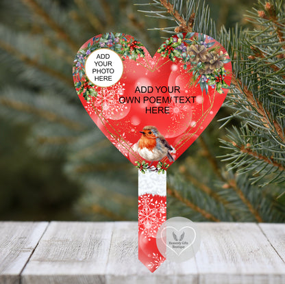 Christmas robin heart grave marker with own wording and photograph