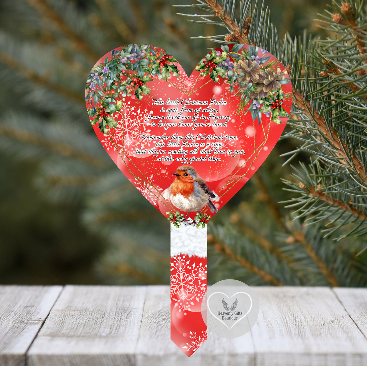 Christmas robin heart grave marker with remembrance poem