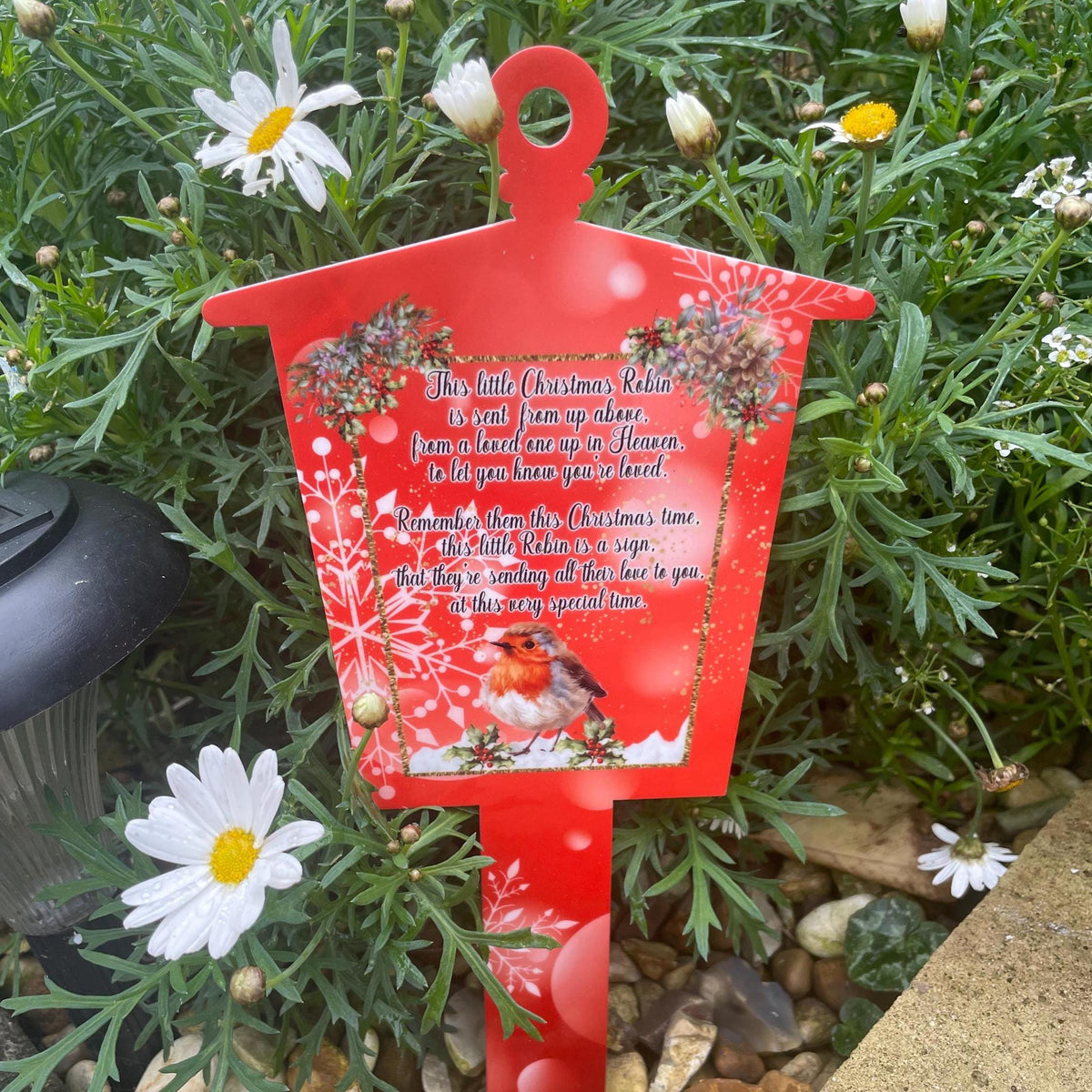 Christmas robin lantern grave marker with personalised wording