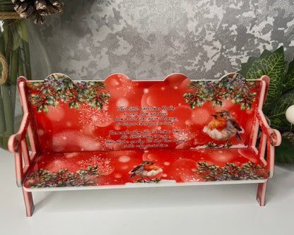 Personalised Christmas robin memorial bench in red with festive holly and remembrance wording