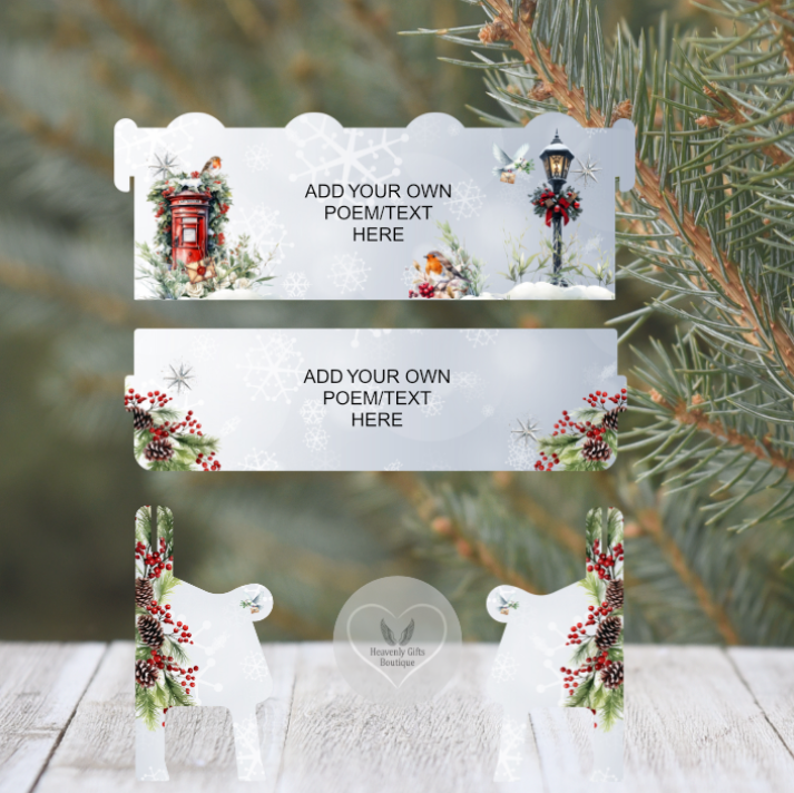 Christmas robin and post box memorial keepsake bench with festive winter scene