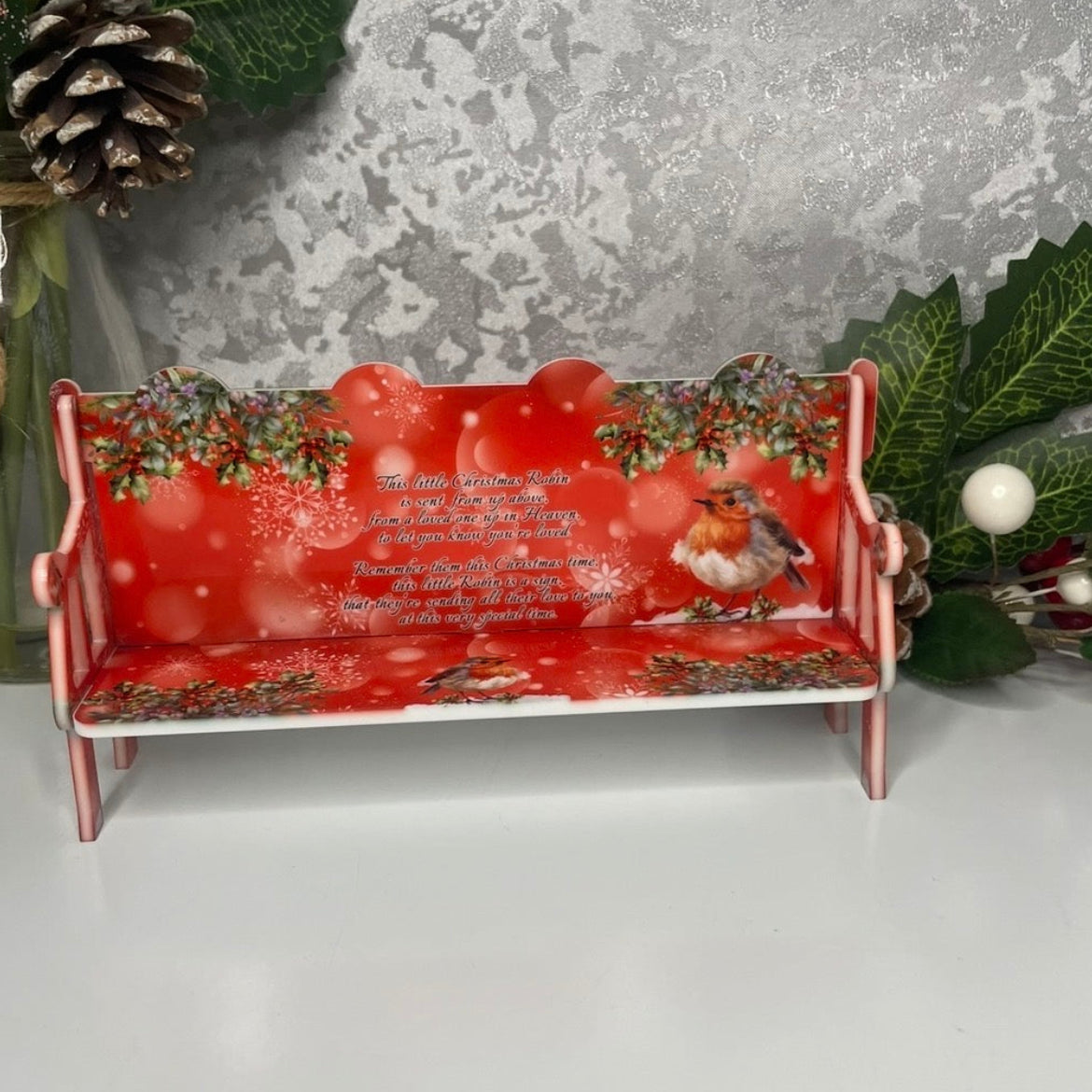 Christmas robin remembrance bench keepsake displayed with festive decorations