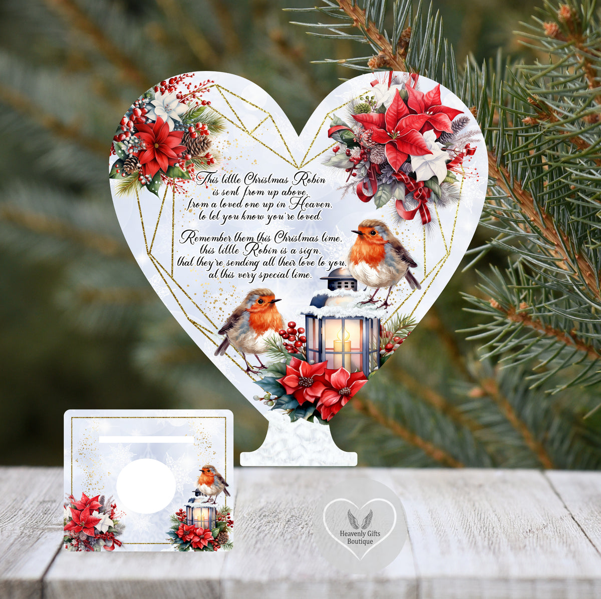 Christmas robin memorial tealight holder with remembrance poem